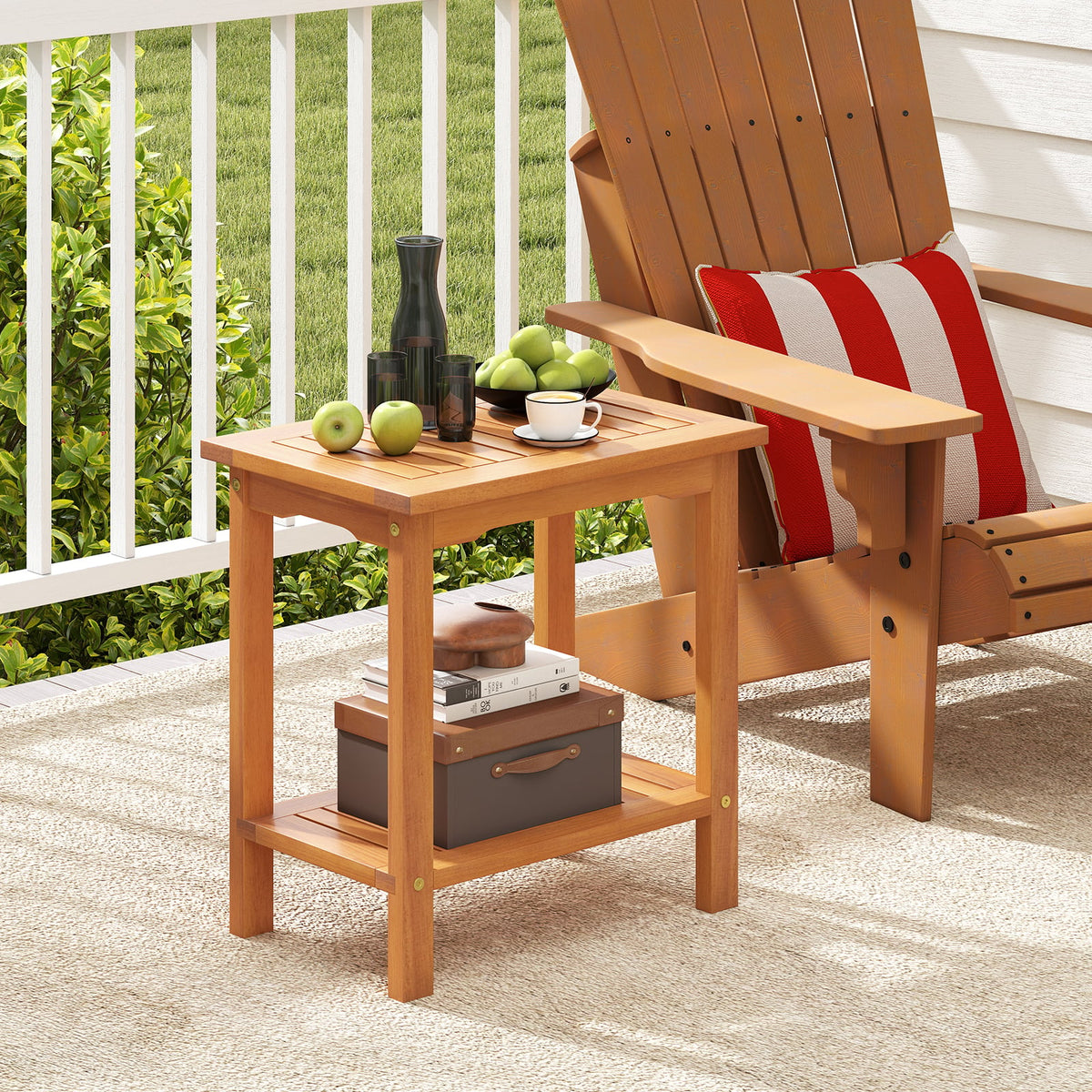 2-Tier Outdoor Acacia Wood Side Table with Slatted Tabletop and Storage Shelf-Patio Coffee Tables-DECOROLALA