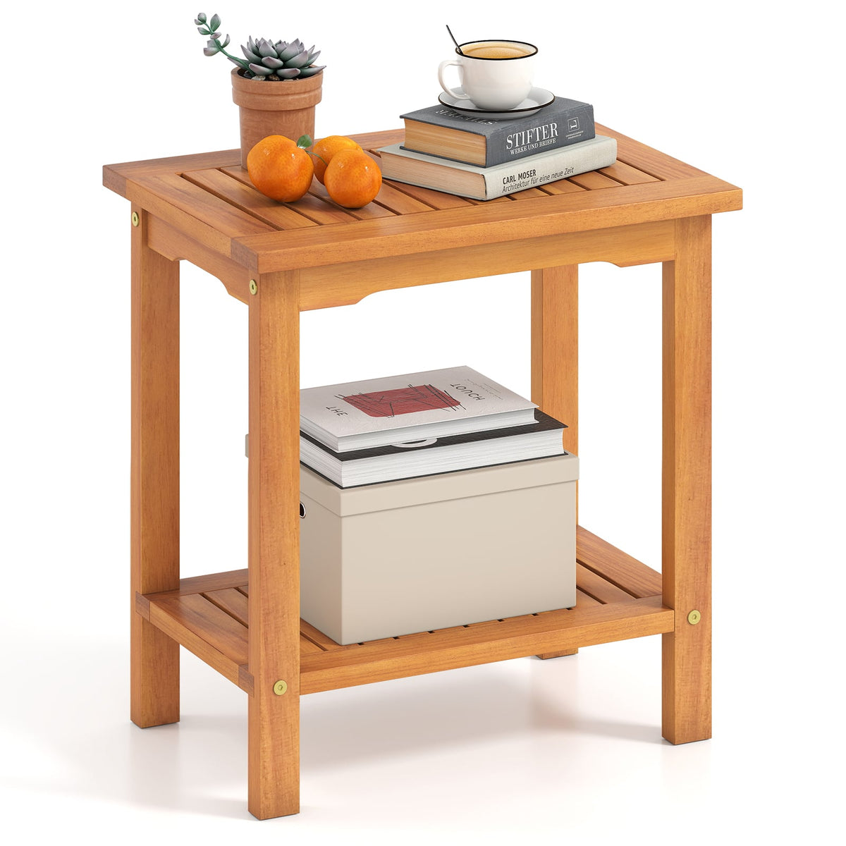 2-Tier Outdoor Acacia Wood Side Table with Slatted Tabletop and Storage Shelf-Patio Coffee Tables-DECOROLALA