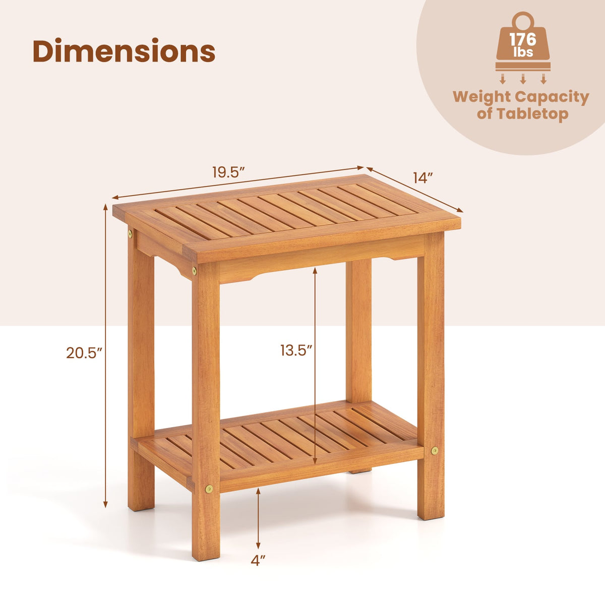 2-Tier Outdoor Acacia Wood Side Table with Slatted Tabletop and Storage Shelf-Patio Coffee Tables-DECOROLALA