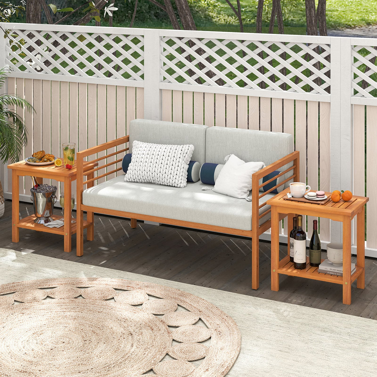 2-Tier Outdoor Acacia Wood Side Table with Slatted Tabletop and Storage Shelf-Patio Coffee Tables-DECOROLALA