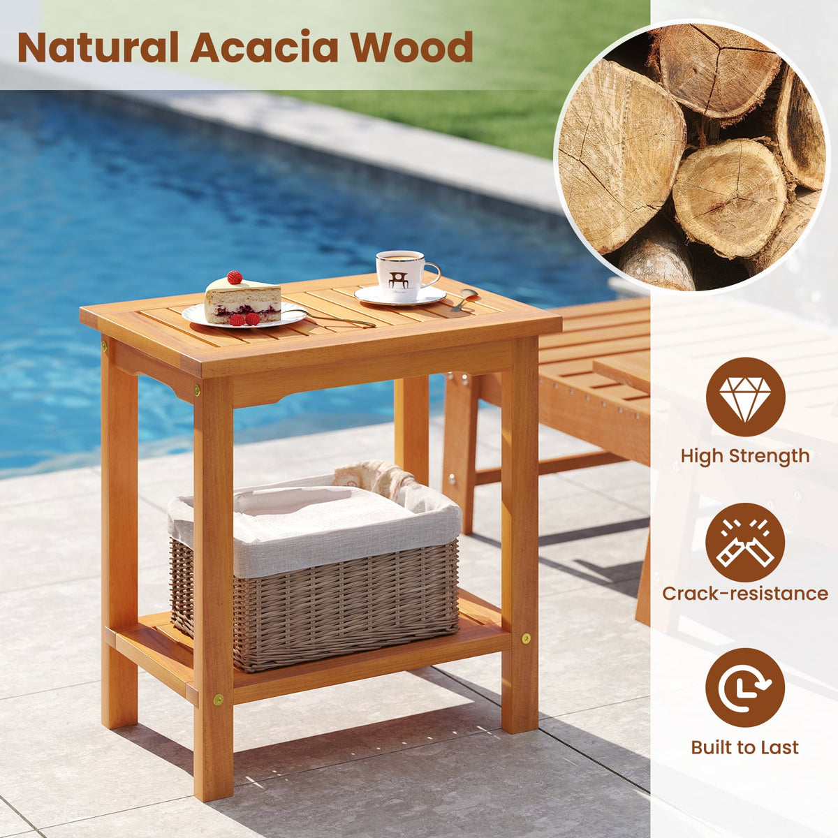 2-Tier Outdoor Acacia Wood Side Table with Slatted Tabletop and Storage Shelf-Patio Coffee Tables-DECOROLALA