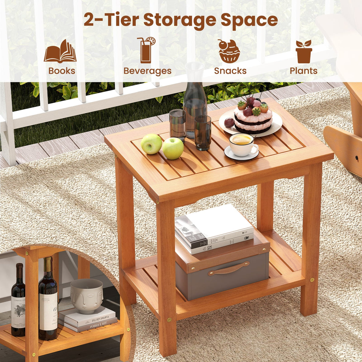 2-Tier Outdoor Acacia Wood Side Table with Slatted Tabletop and Storage Shelf-Patio Coffee Tables-DECOROLALA