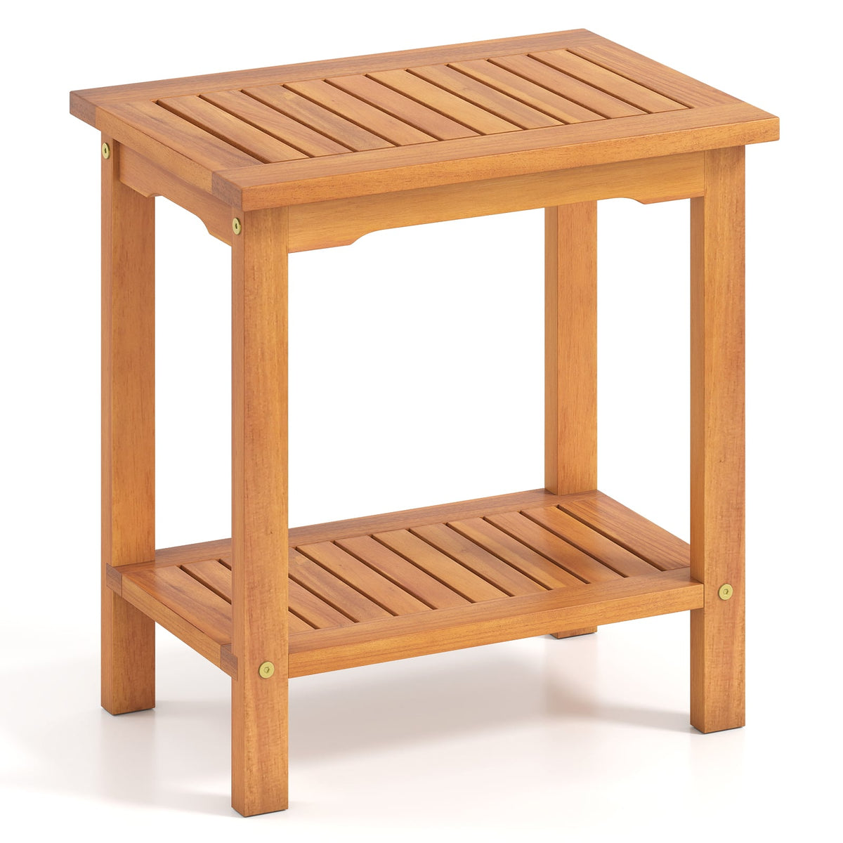 2-Tier Outdoor Acacia Wood Side Table with Slatted Tabletop and Storage Shelf-Patio Coffee Tables-DECOROLALA