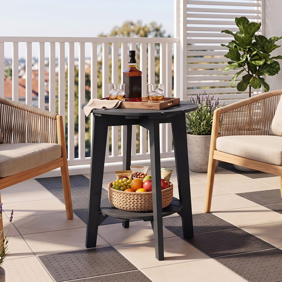2-Tier Outdoor Eucalyptus Wood Side Table with Slatted Tabletop and Storage Shelf for Backyard-Black-Patio Coffee Tables-DECOROLALA
