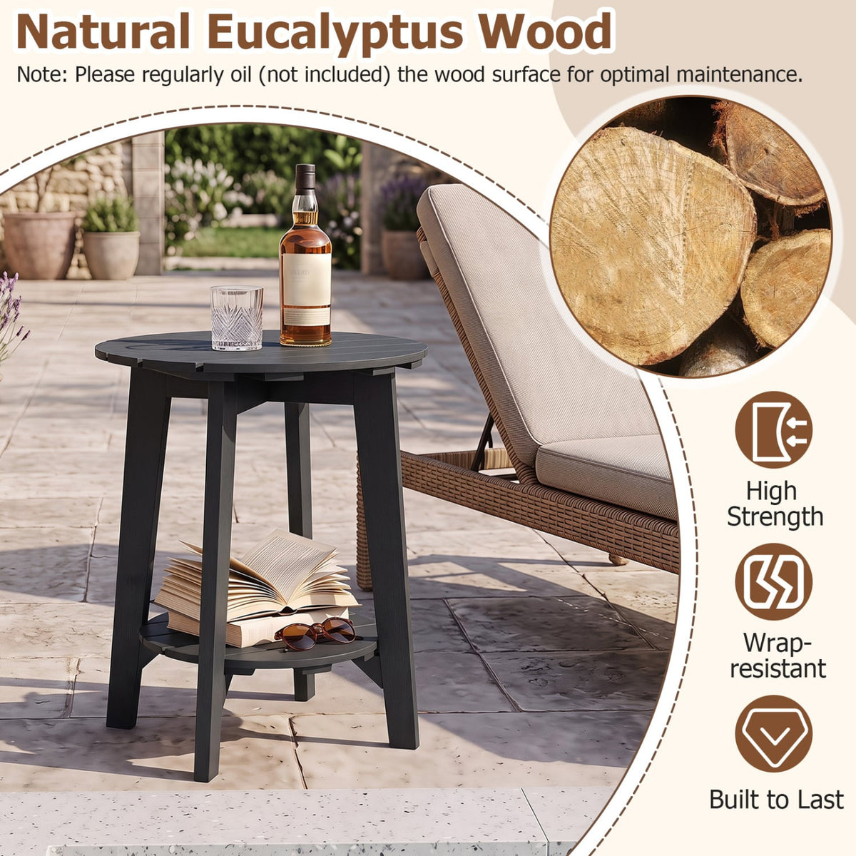2-Tier Outdoor Eucalyptus Wood Side Table with Slatted Tabletop and Storage Shelf for Backyard-Black-Patio Coffee Tables-DECOROLALA
