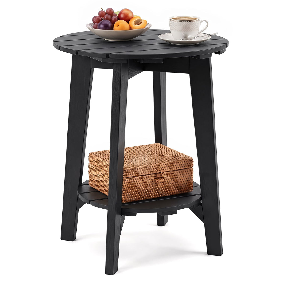 2-Tier Outdoor Eucalyptus Wood Side Table with Slatted Tabletop and Storage Shelf for Backyard-Black-Patio Coffee Tables-DECOROLALA