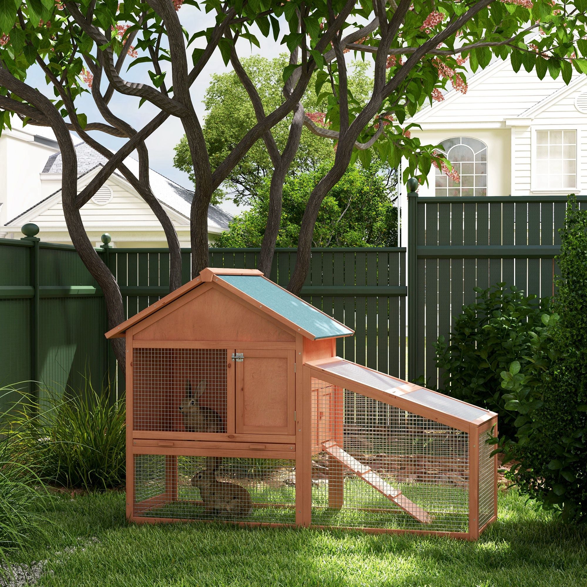 2-Tier Outdoor Rabbit Hutch - Gold Red Fir Wood Bunny House-Small Animals-DECOROLALA