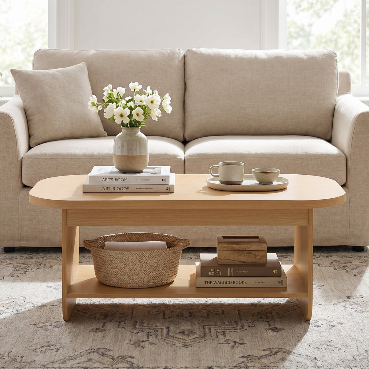 2-Tier Oval Coffee Table for Living Room Mid Century Center Table with Bottom Storage Shelf-Natural-Coffee Tables-DECOROLALA