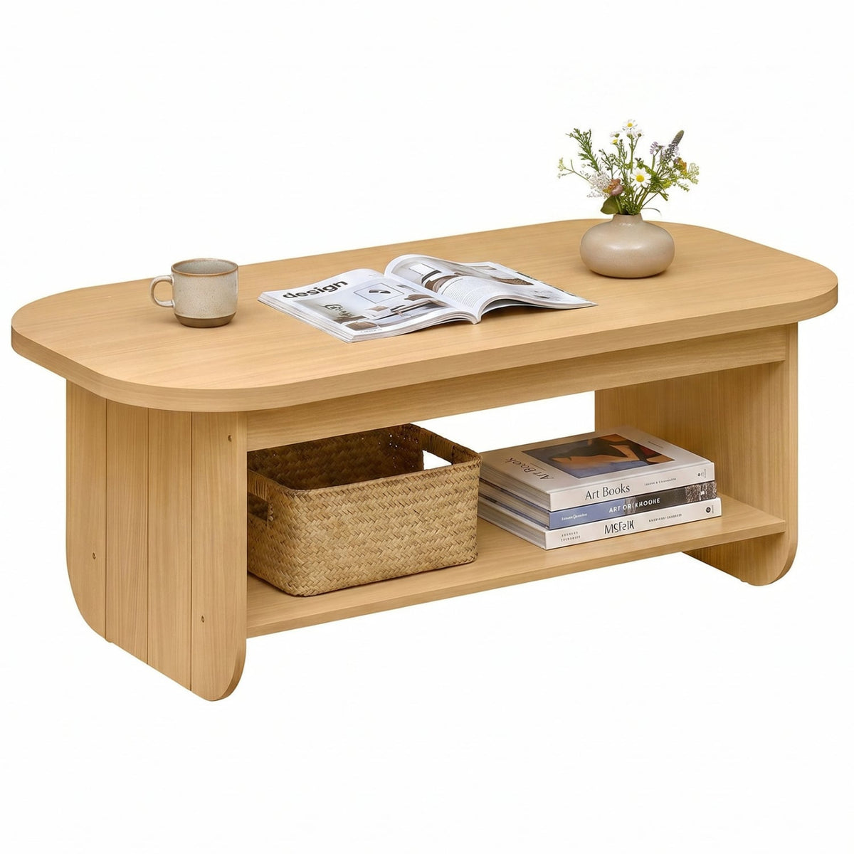2-Tier Oval Coffee Table for Living Room Mid Century Center Table with Bottom Storage Shelf-Natural-Coffee Tables-DECOROLALA