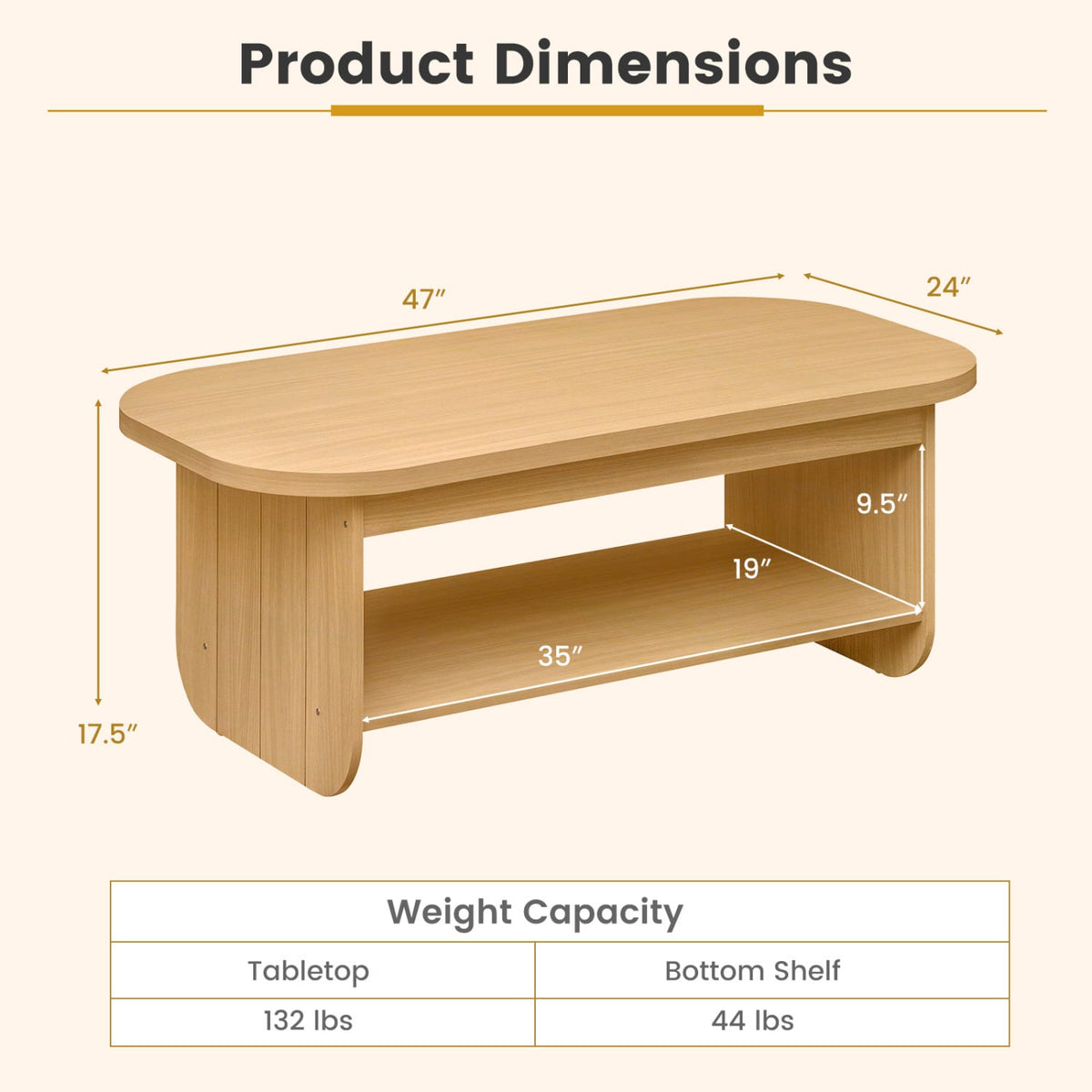 2-Tier Oval Coffee Table for Living Room Mid Century Center Table with Bottom Storage Shelf-Natural-Coffee Tables-DECOROLALA