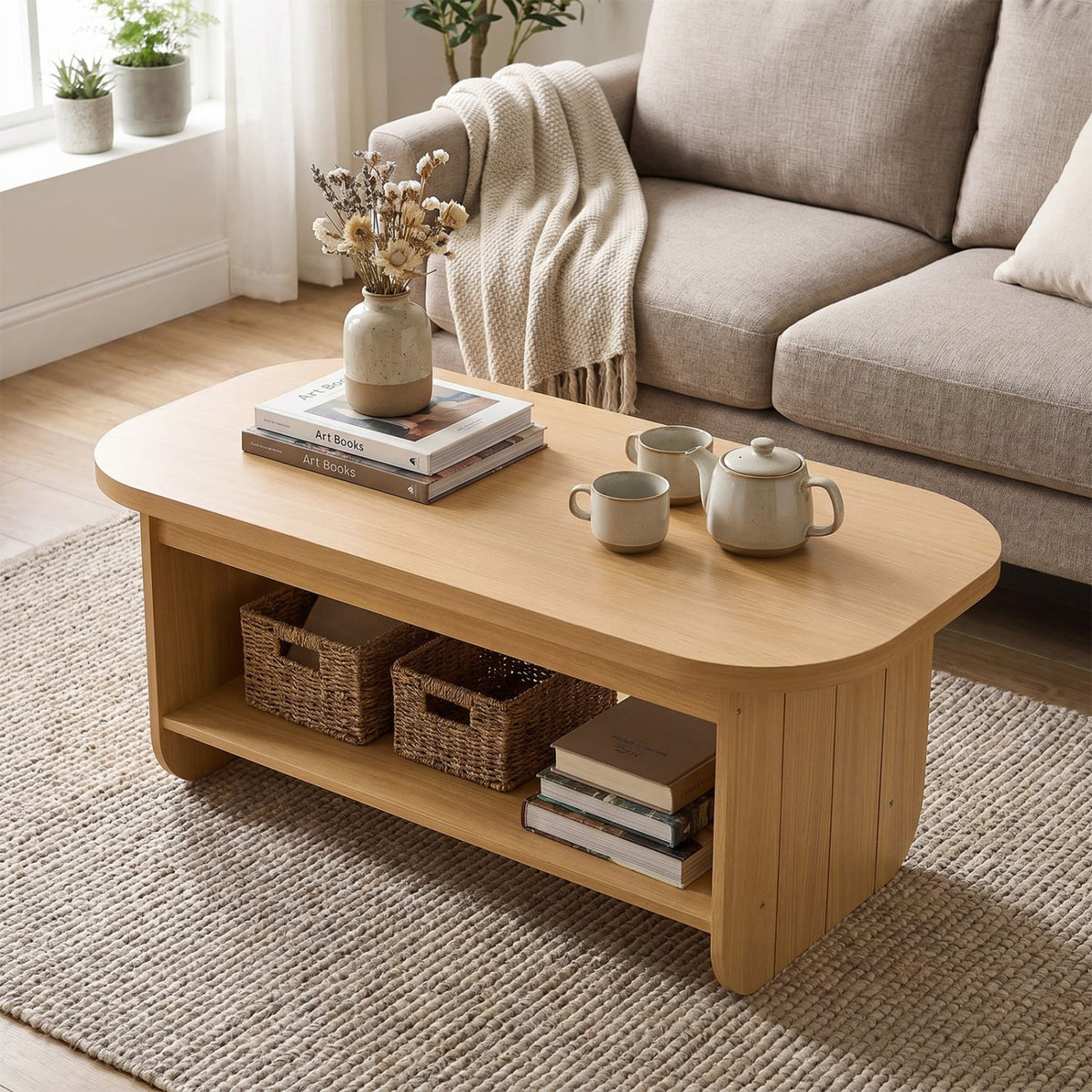 2-Tier Oval Coffee Table for Living Room Mid Century Center Table with Bottom Storage Shelf-Natural-Coffee Tables-DECOROLALA