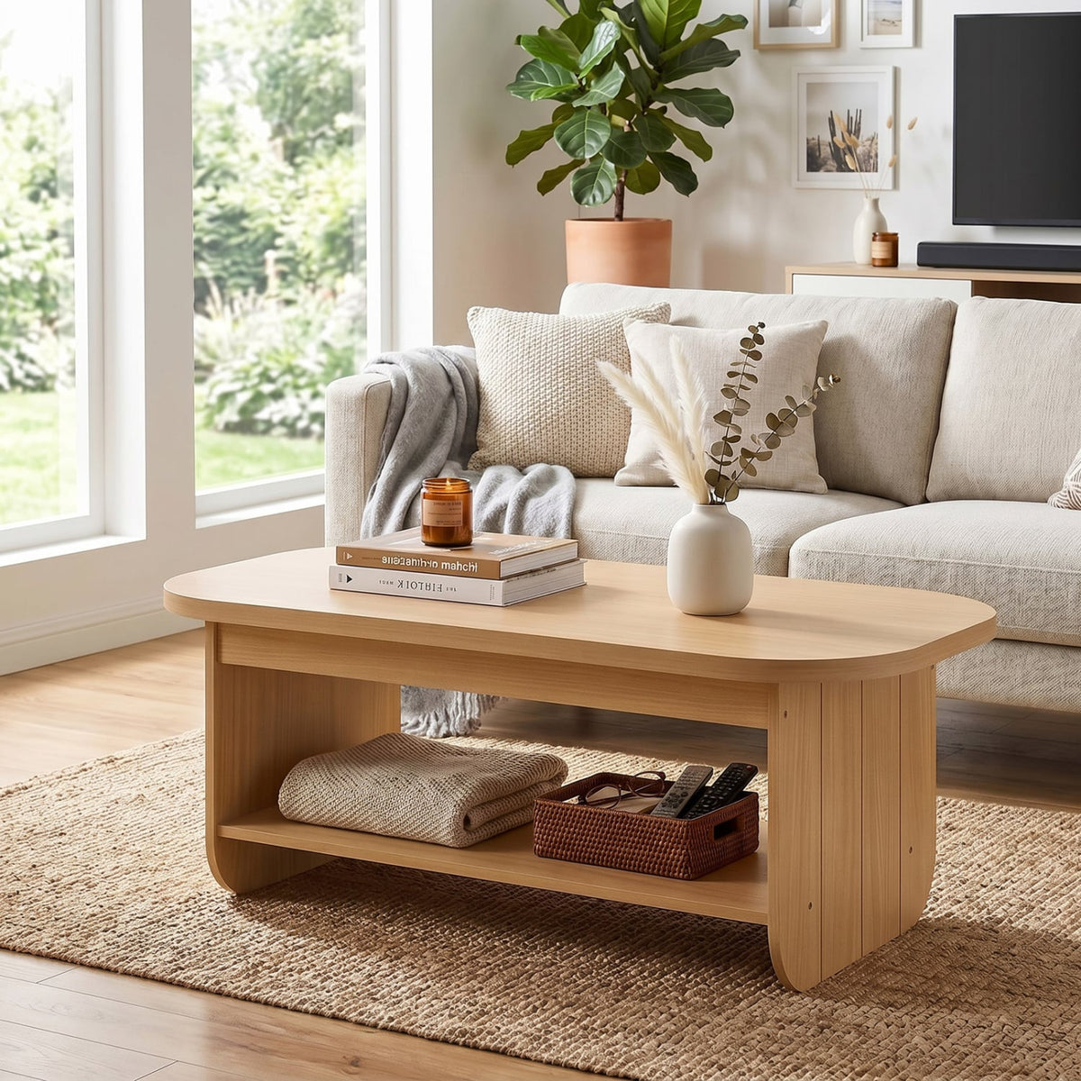 2-Tier Oval Coffee Table for Living Room Mid Century Center Table with Bottom Storage Shelf-Natural-Coffee Tables-DECOROLALA