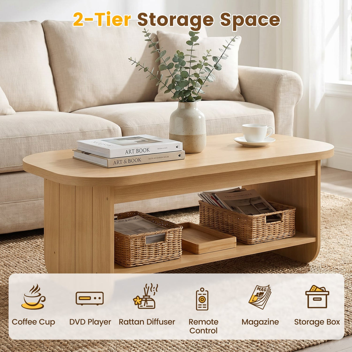 2-Tier Oval Coffee Table for Living Room Mid Century Center Table with Bottom Storage Shelf-Natural-Coffee Tables-DECOROLALA