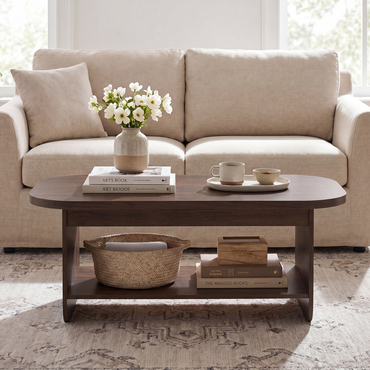 2-Tier Oval Coffee Table for Living Room Mid Century Center Table with Bottom Storage Shelf-Walnut-Coffee Tables-DECOROLALA