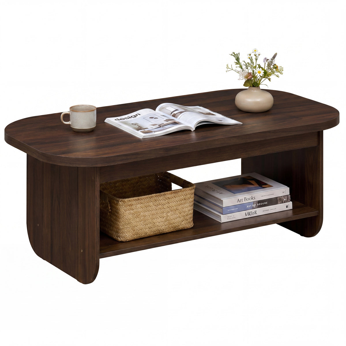 2-Tier Oval Coffee Table for Living Room Mid Century Center Table with Bottom Storage Shelf-Walnut-Coffee Tables-DECOROLALA
