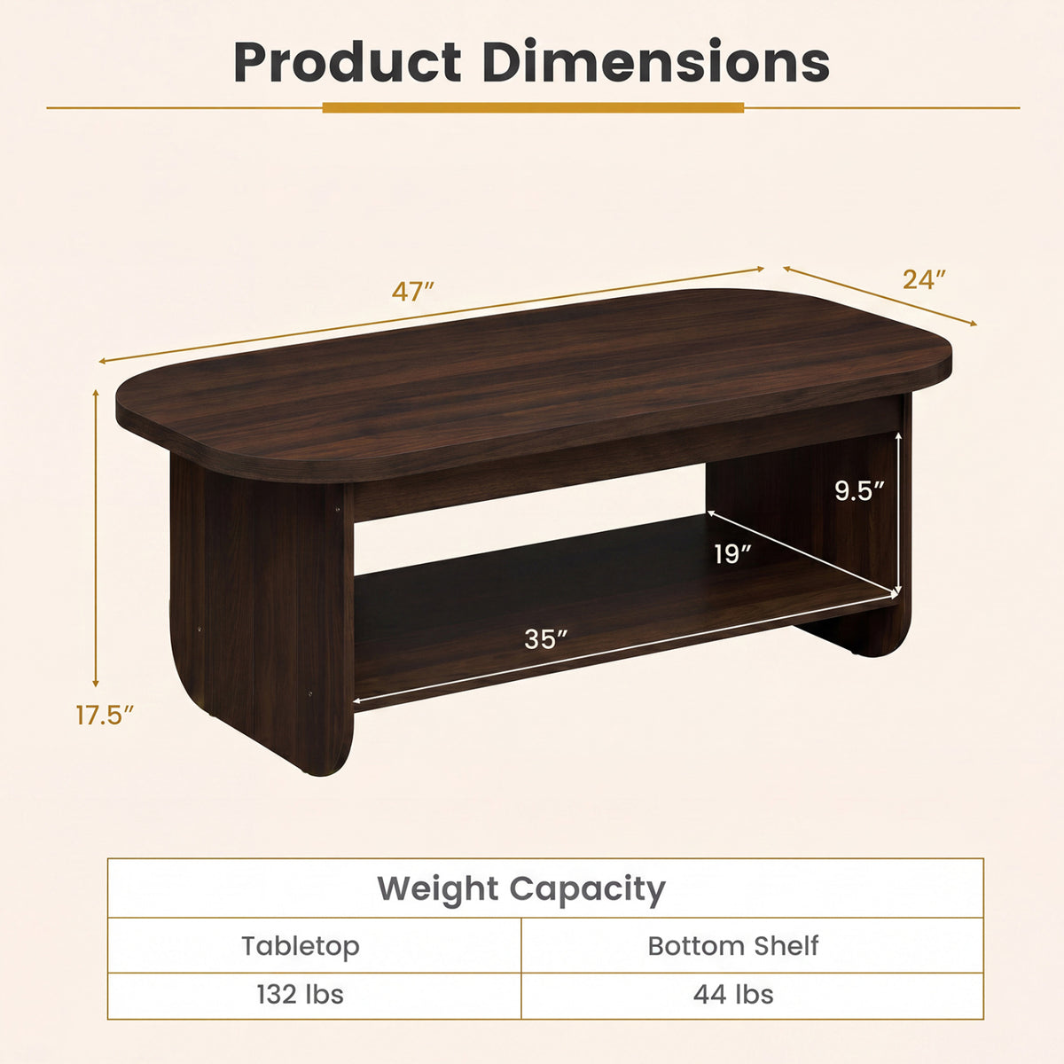 2-Tier Oval Coffee Table for Living Room Mid Century Center Table with Bottom Storage Shelf-Walnut-Coffee Tables-DECOROLALA