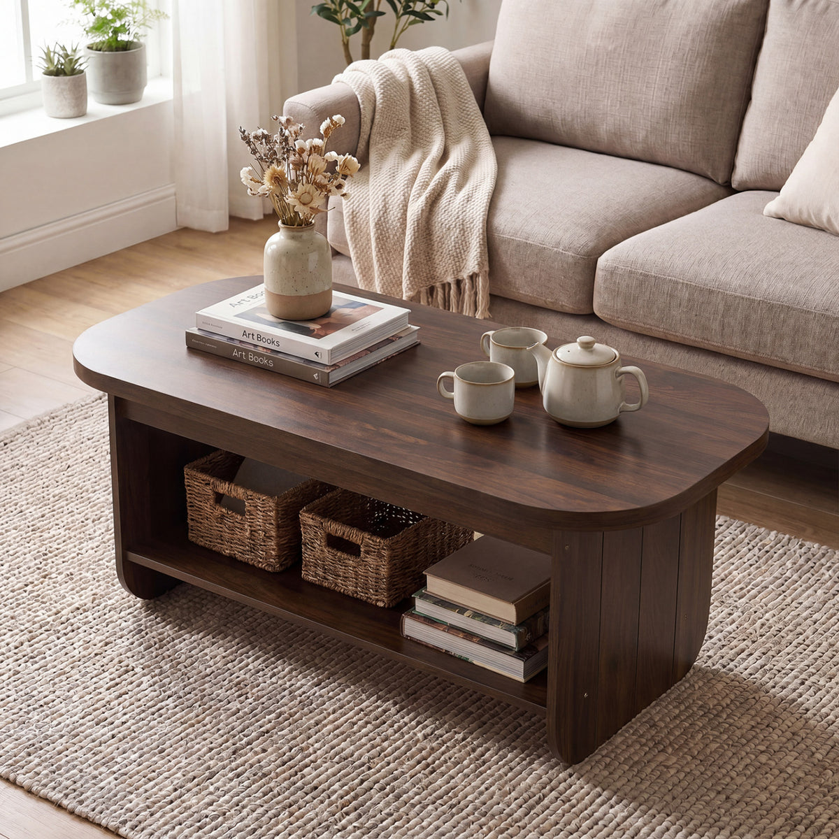 2-Tier Oval Coffee Table for Living Room Mid Century Center Table with Bottom Storage Shelf-Walnut-Coffee Tables-DECOROLALA