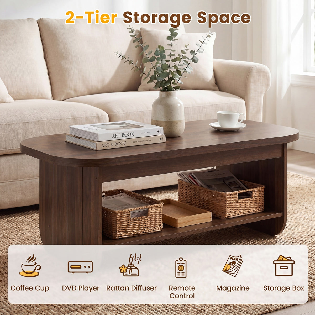 2-Tier Oval Coffee Table for Living Room Mid Century Center Table with Bottom Storage Shelf-Walnut-Coffee Tables-DECOROLALA