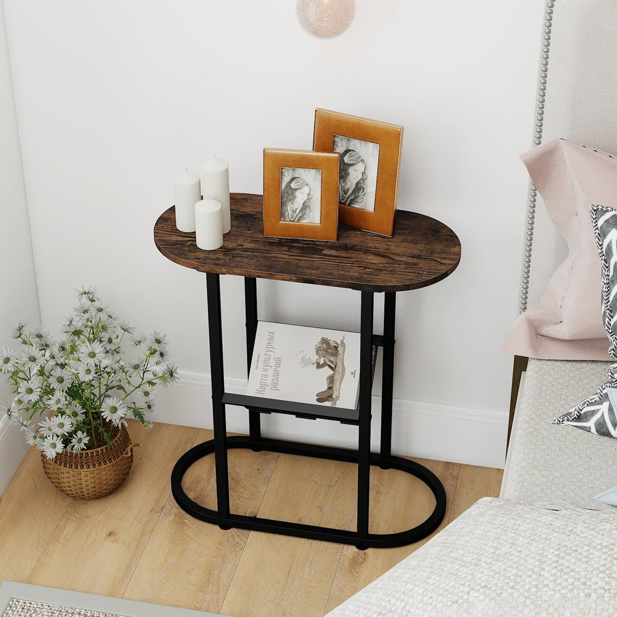 2-Tier Oval Narrow Bedside End Table-Rustic Brown-End & Side Tables-DECOROLALA