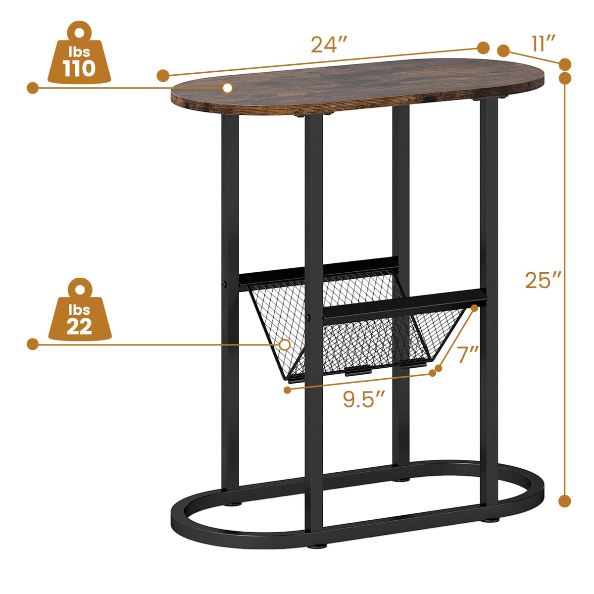 2-Tier Oval Narrow Bedside End Table-Rustic Brown-End & Side Tables-DECOROLALA