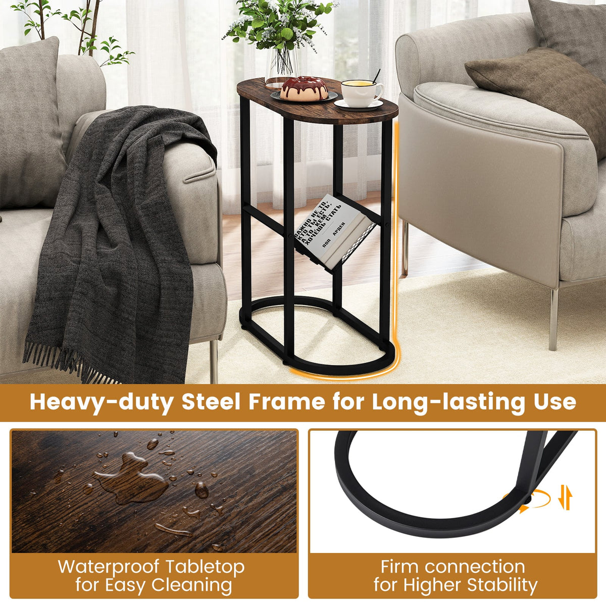 2-Tier Oval Narrow Bedside End Table-Rustic Brown-End & Side Tables-DECOROLALA