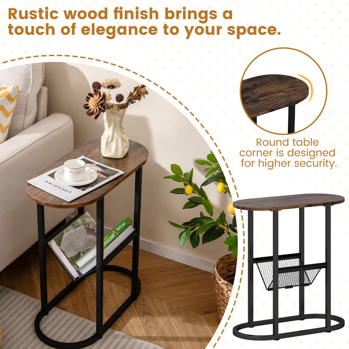 2-Tier Oval Narrow Bedside End Table-Rustic Brown-End & Side Tables-DECOROLALA