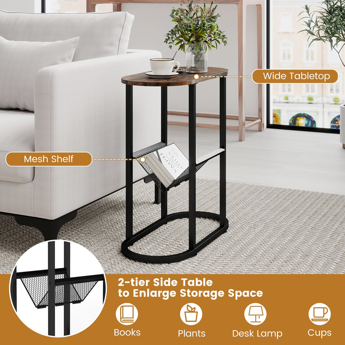 2-Tier Oval Narrow Bedside End Table-Rustic Brown-End & Side Tables-DECOROLALA