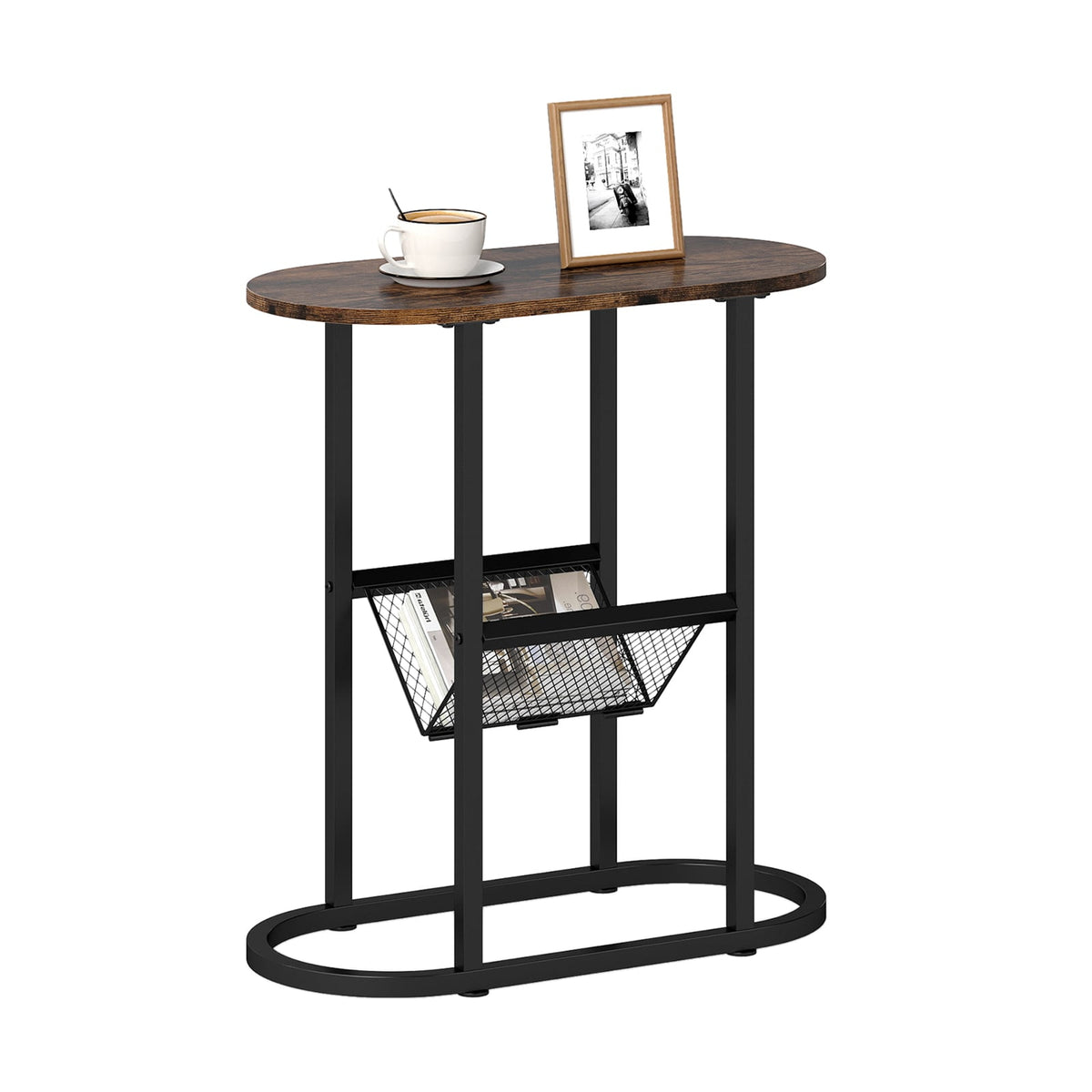 2-Tier Oval Narrow Bedside End Table-Rustic Brown-End & Side Tables-DECOROLALA