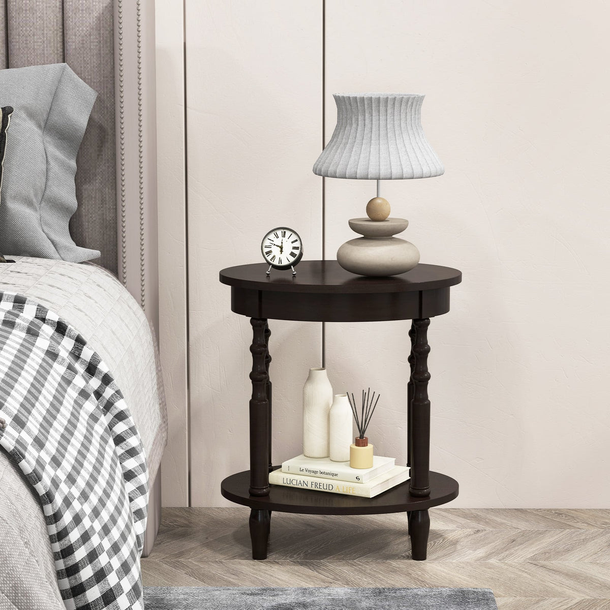 2-Tier Oval Side Table with Storage Shelf and Solid Wood Legs-Espresso-End & Side Tables-DECOROLALA