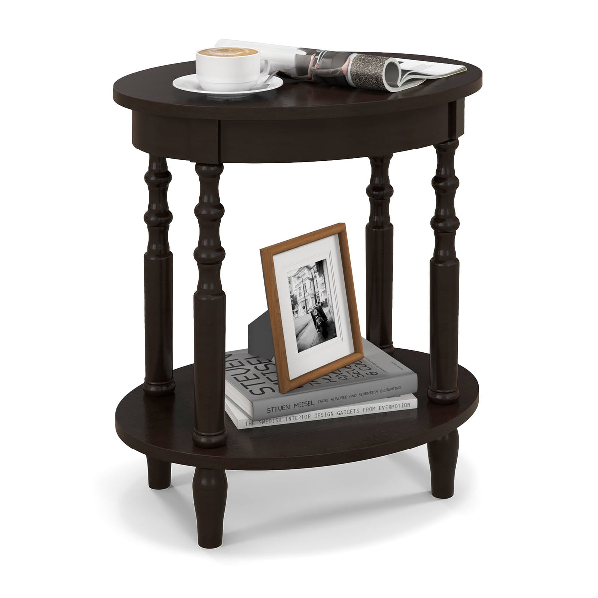 2-Tier Oval Side Table with Storage Shelf and Solid Wood Legs-Espresso-End & Side Tables-DECOROLALA