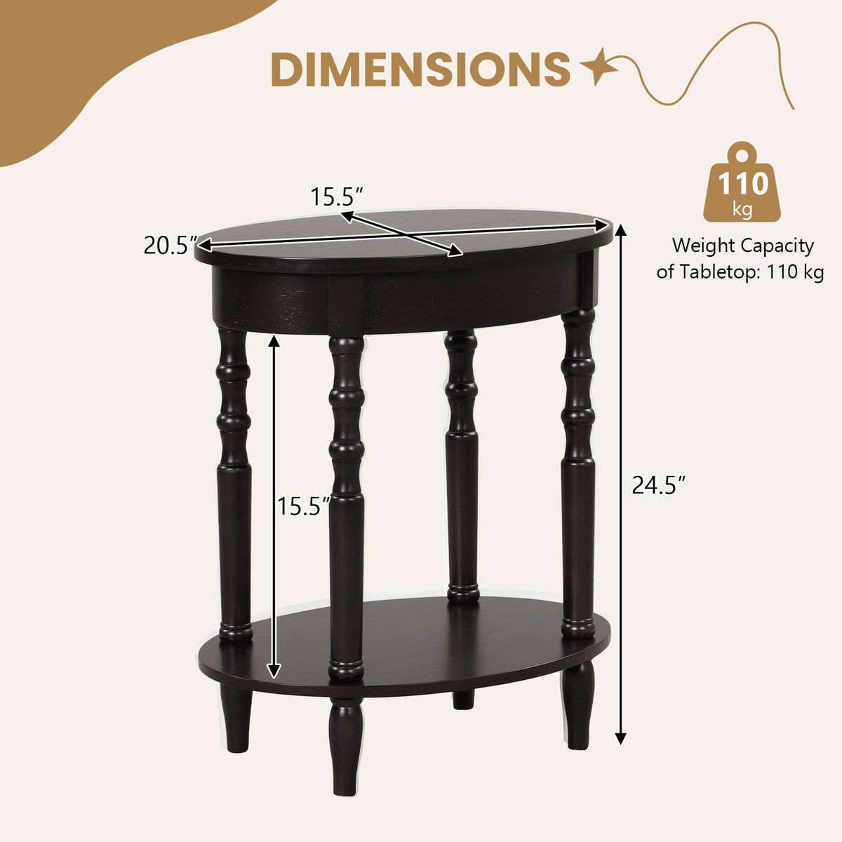 2-Tier Oval Side Table with Storage Shelf and Solid Wood Legs-Espresso-End & Side Tables-DECOROLALA