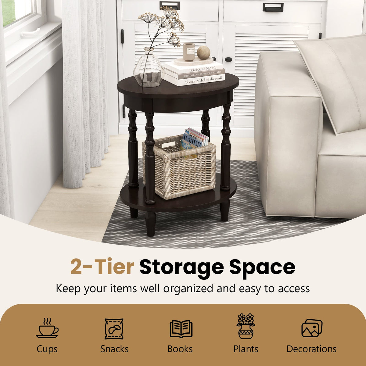 2-Tier Oval Side Table with Storage Shelf and Solid Wood Legs-Espresso-End & Side Tables-DECOROLALA