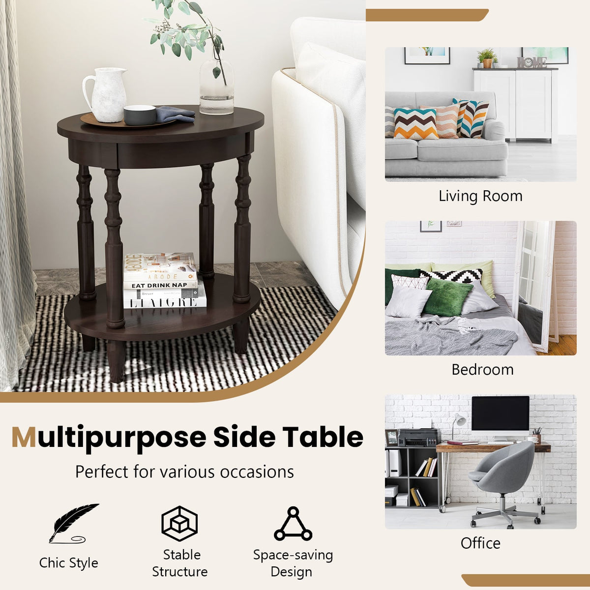 2-Tier Oval Side Table with Storage Shelf and Solid Wood Legs-Espresso-End & Side Tables-DECOROLALA
