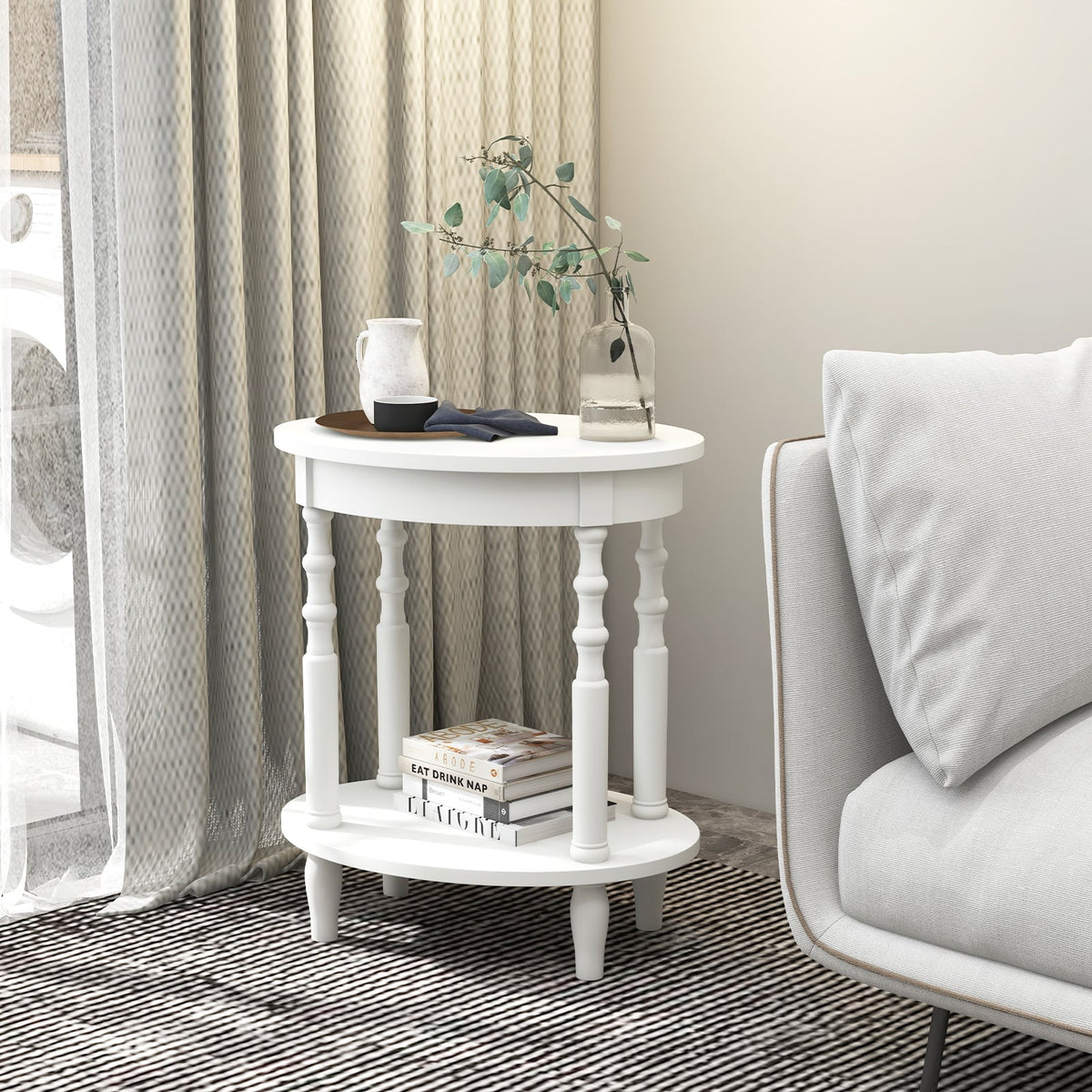 2-Tier Oval Side Table with Storage Shelf and Solid Wood Legs-White-End & Side Tables-DECOROLALA