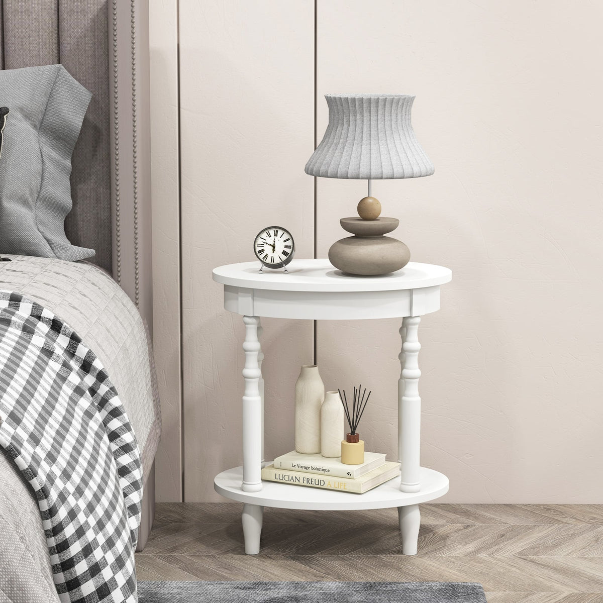 2-Tier Oval Side Table with Storage Shelf and Solid Wood Legs-White-End & Side Tables-DECOROLALA