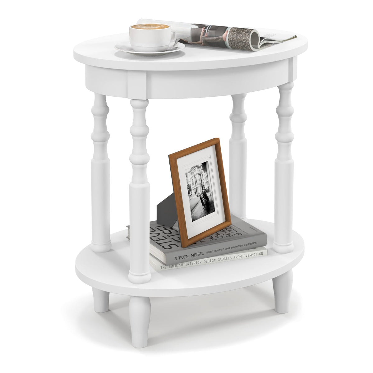 2-Tier Oval Side Table with Storage Shelf and Solid Wood Legs-White-End & Side Tables-DECOROLALA
