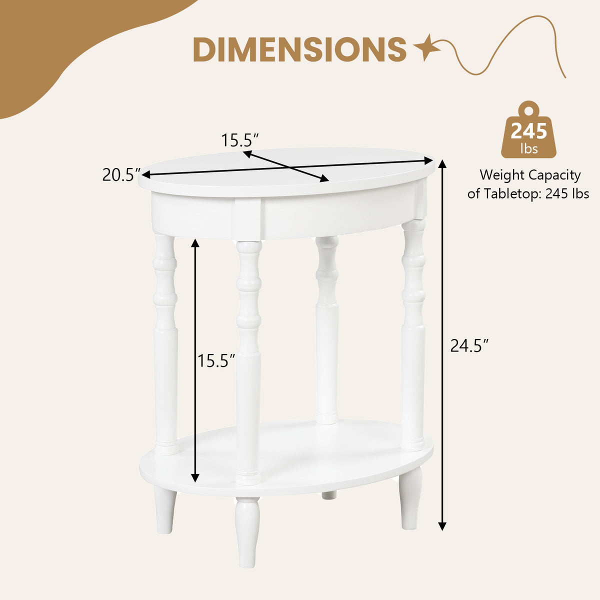 2-Tier Oval Side Table with Storage Shelf and Solid Wood Legs-White-End & Side Tables-DECOROLALA