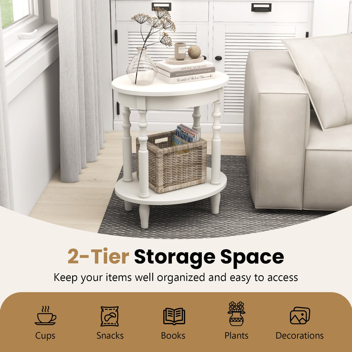 2-Tier Oval Side Table with Storage Shelf and Solid Wood Legs-White-End & Side Tables-DECOROLALA