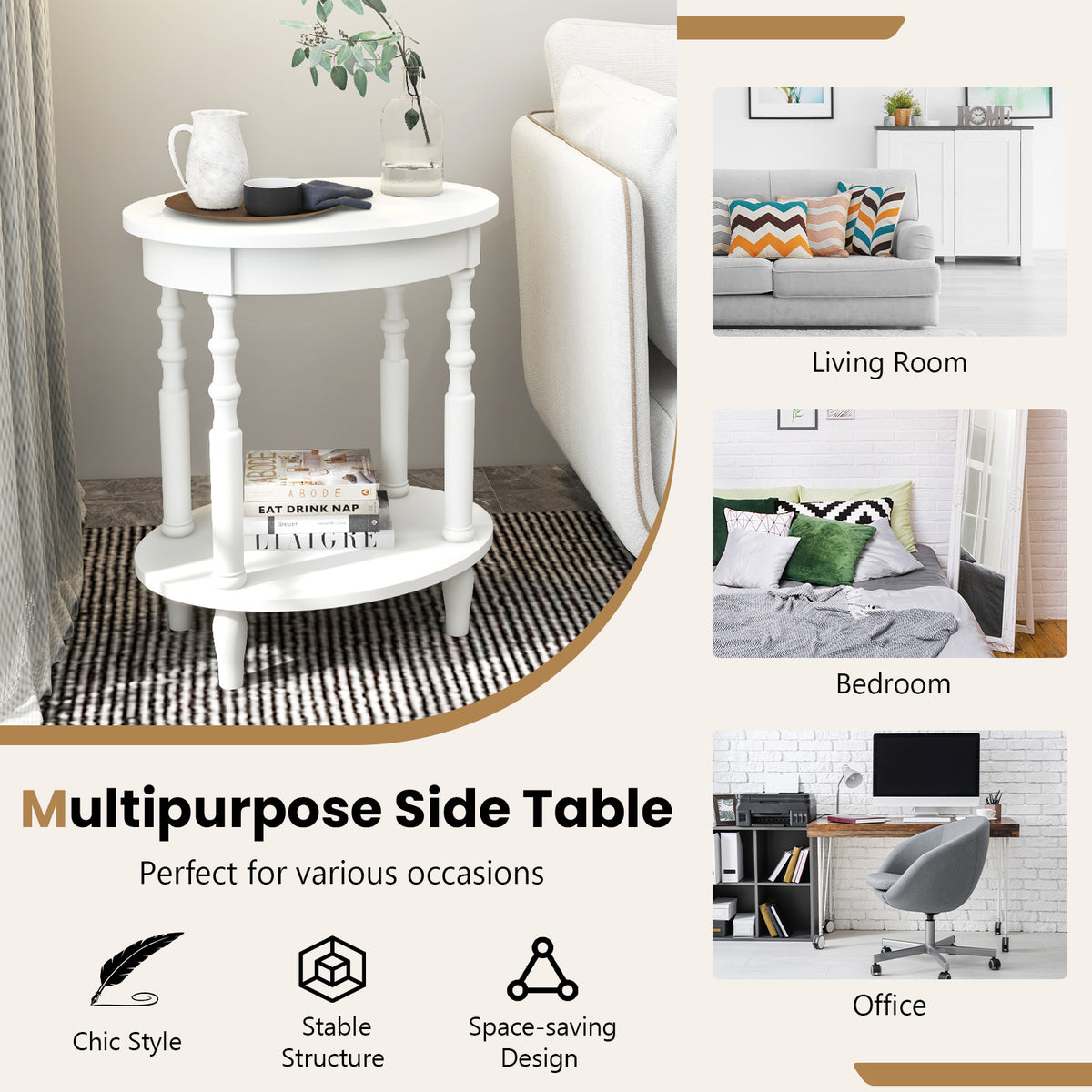 2-Tier Oval Side Table with Storage Shelf and Solid Wood Legs-White-End & Side Tables-DECOROLALA