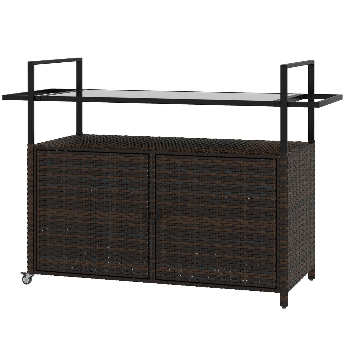 2-Tier PE Rattan Outdoor Bar Cart, Glass Top Outdoor Kitchen Island with Cabinet, Mixed Brown-Bar Carts-DECOROLALA