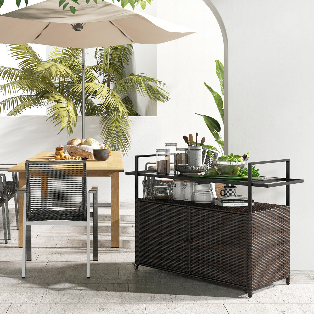 2-Tier PE Rattan Outdoor Bar Cart, Glass Top Outdoor Kitchen Island with Cabinet, Mixed Brown-Bar Carts-DECOROLALA