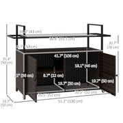 2-Tier PE Rattan Outdoor Bar Cart, Glass Top Outdoor Kitchen Island with Cabinet, Mixed Brown-Bar Carts-DECOROLALA