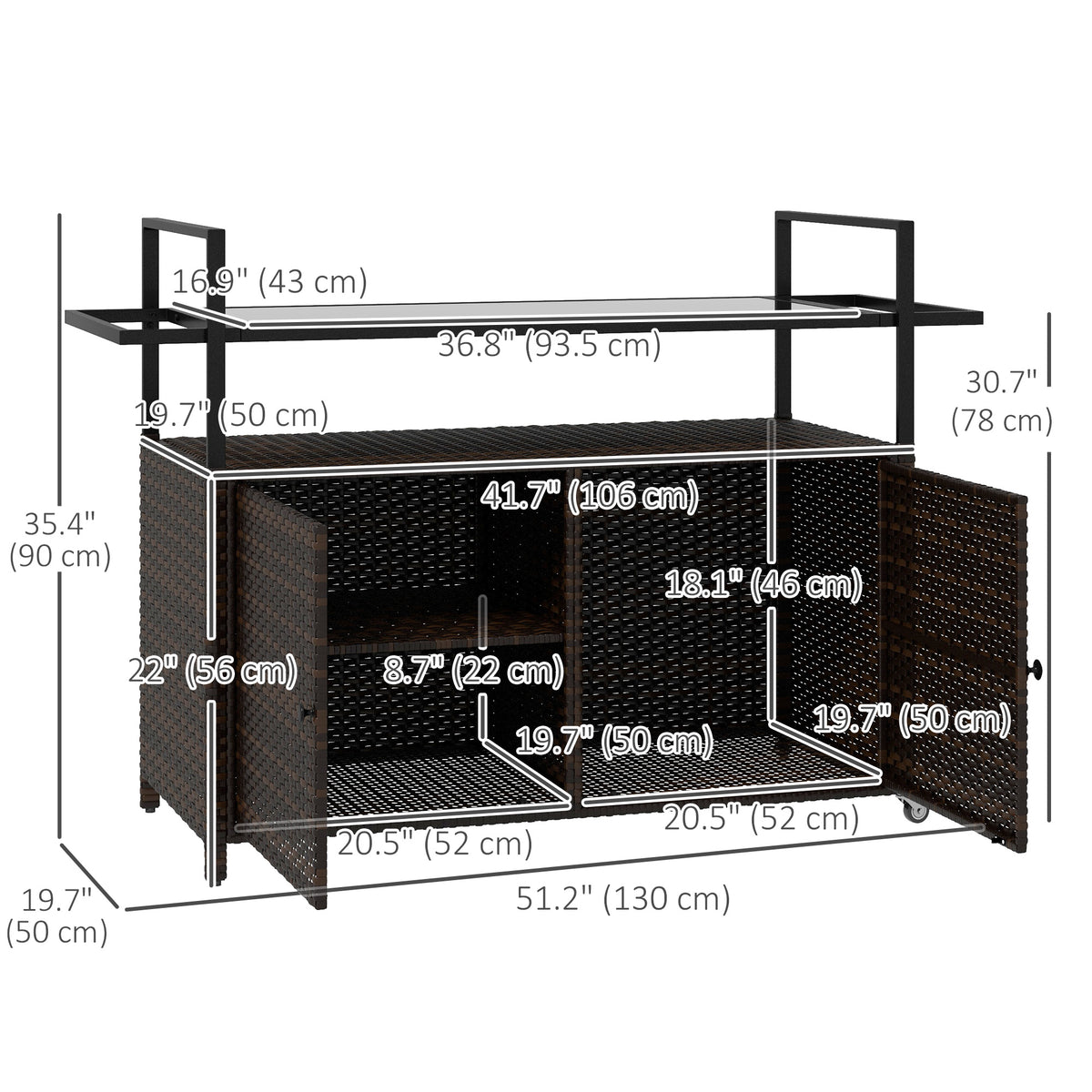 2-Tier PE Rattan Outdoor Bar Cart, Glass Top Outdoor Kitchen Island with Cabinet, Mixed Brown-Bar Carts-DECOROLALA