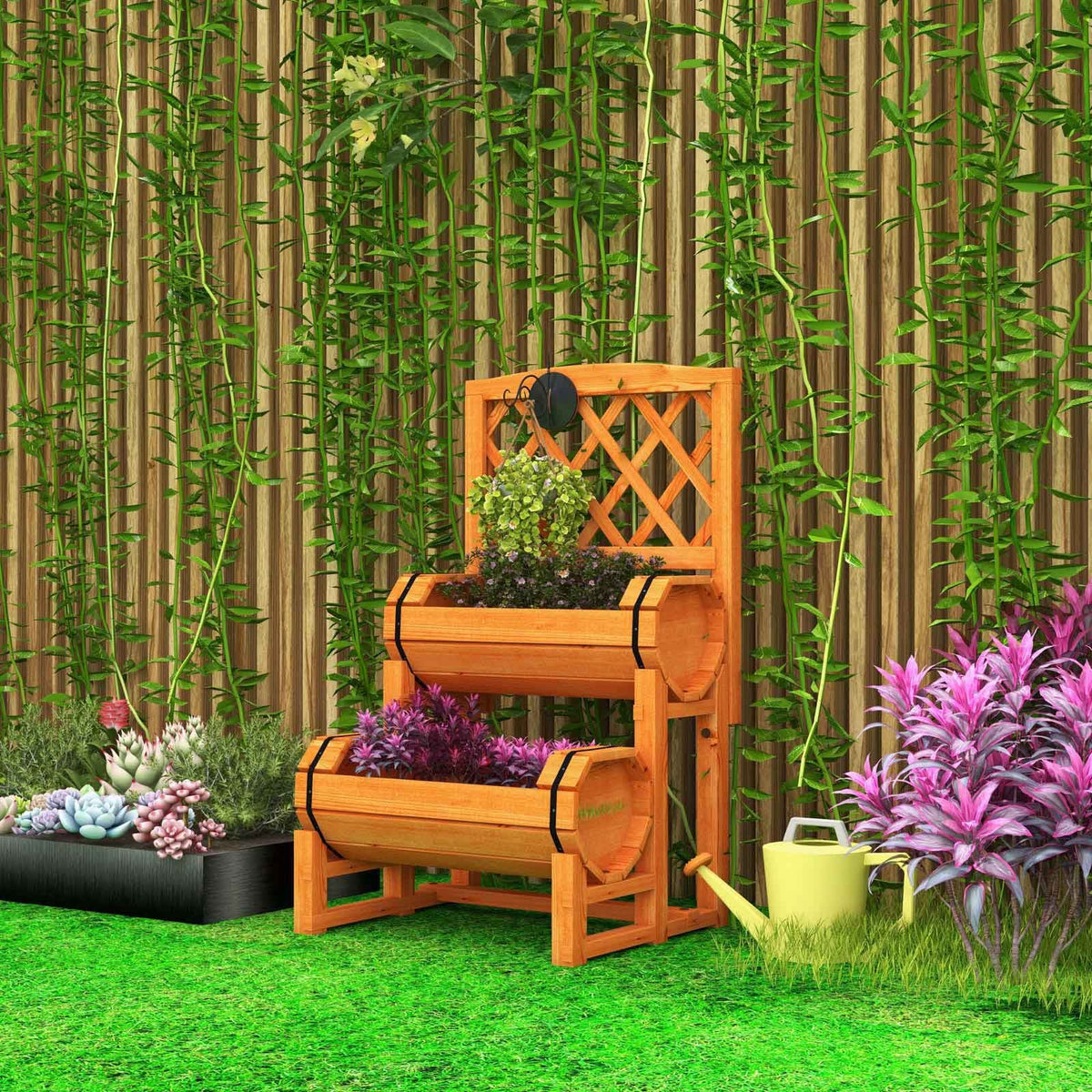 2-Tier Raised Garden Bed with 2 Cylindrical Planter Boxes and Trellis-Orange-Raised Garden Beds-DECOROLALA
