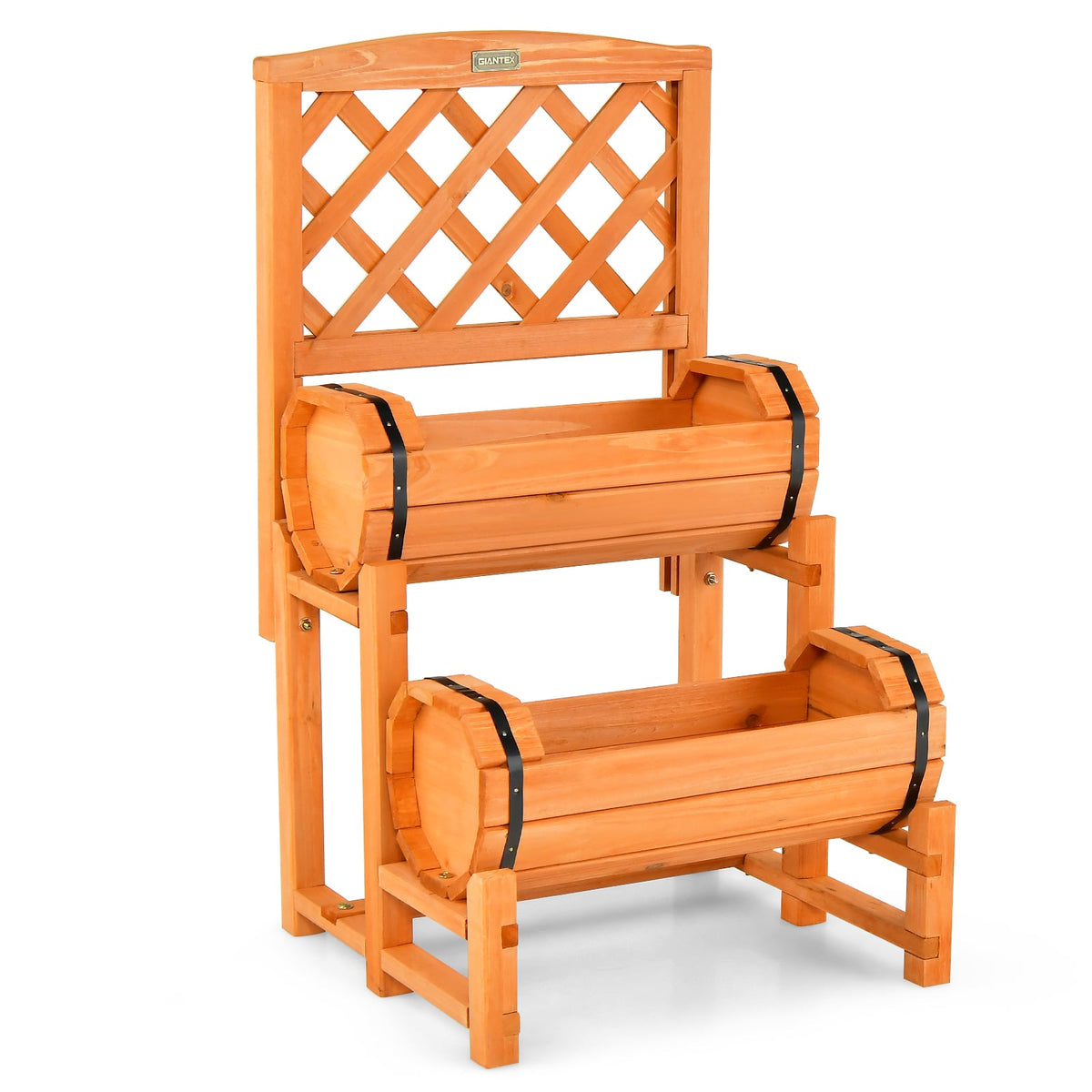 2-Tier Raised Garden Bed with 2 Cylindrical Planter Boxes and Trellis-Orange-Raised Garden Beds-DECOROLALA