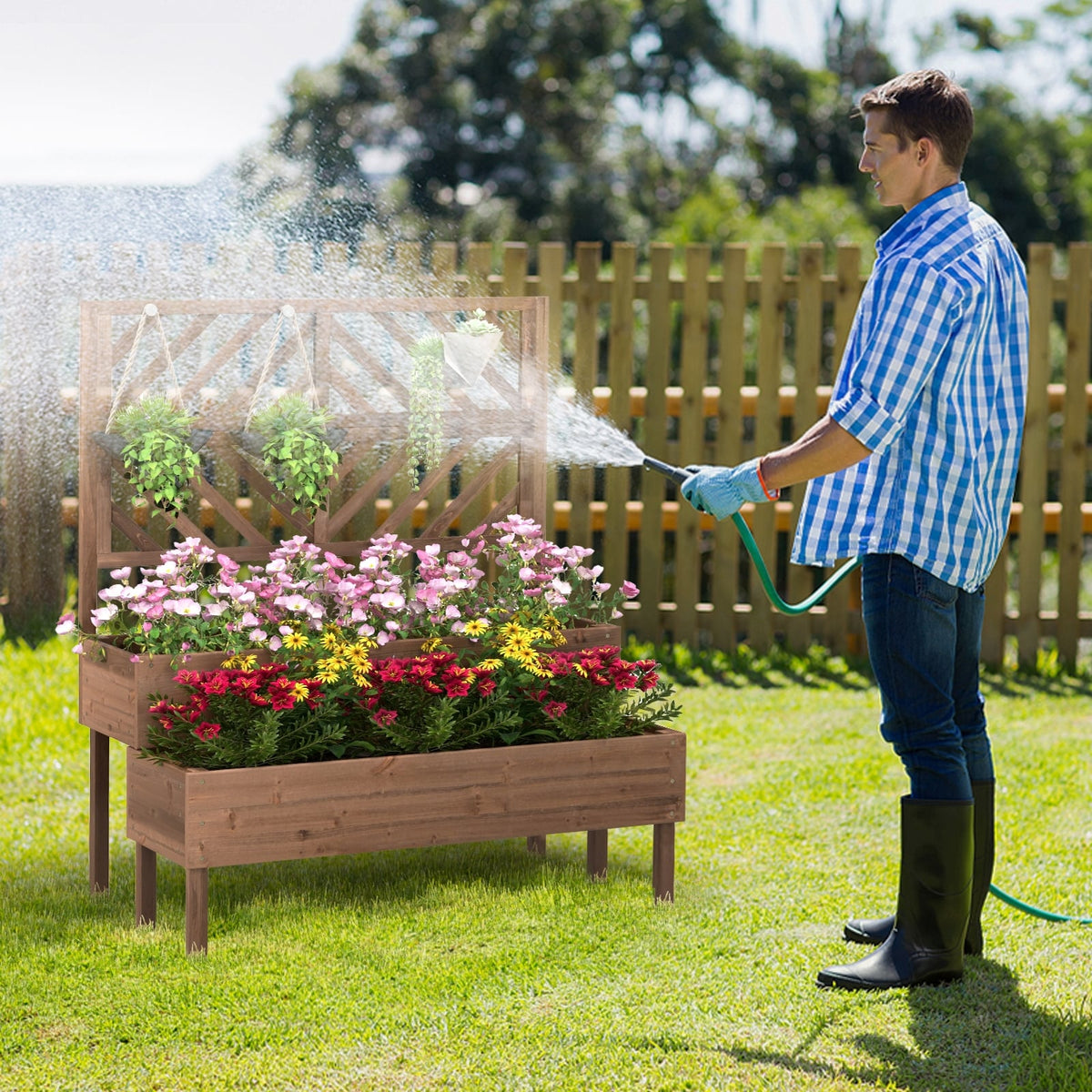 2-Tier Raised Garden Bed with Trellis-Brown-Raised Garden Beds-DECOROLALA