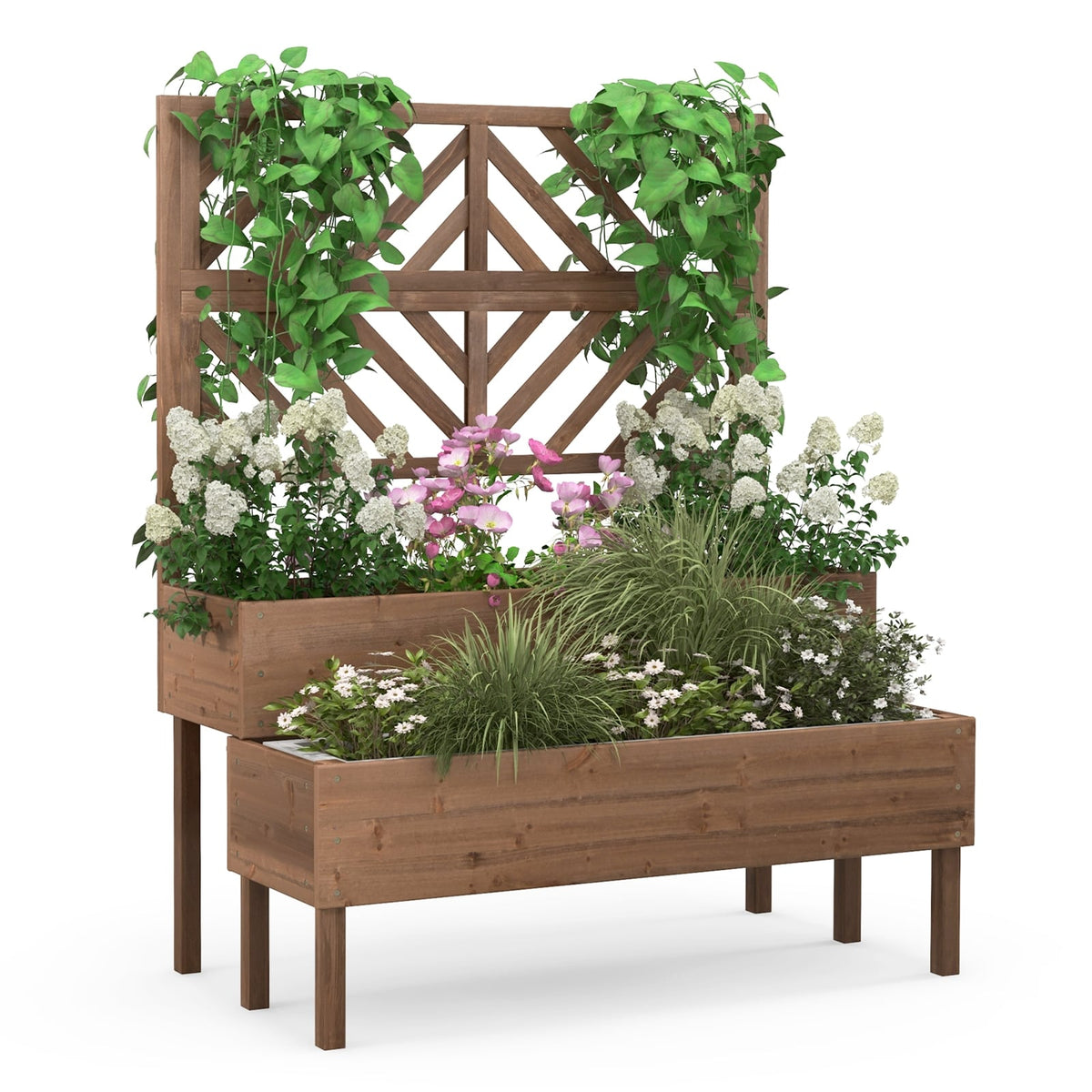 2-Tier Raised Garden Bed with Trellis-Brown-Raised Garden Beds-DECOROLALA