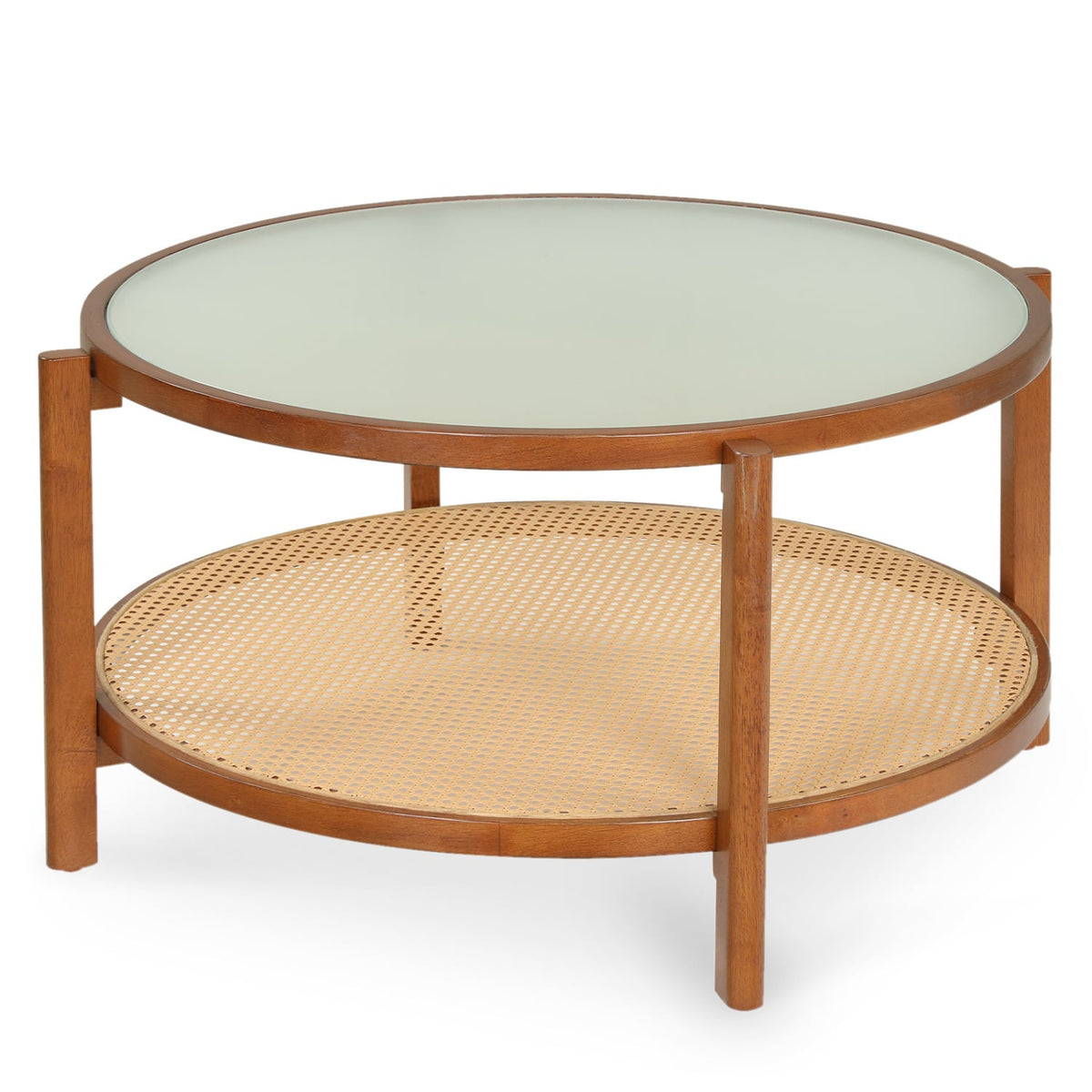 2-Tier Rattan Coffee Table with Frosted Tempered Glass Top and Wood Legs-Walnut-Coffee Tables-DECOROLALA