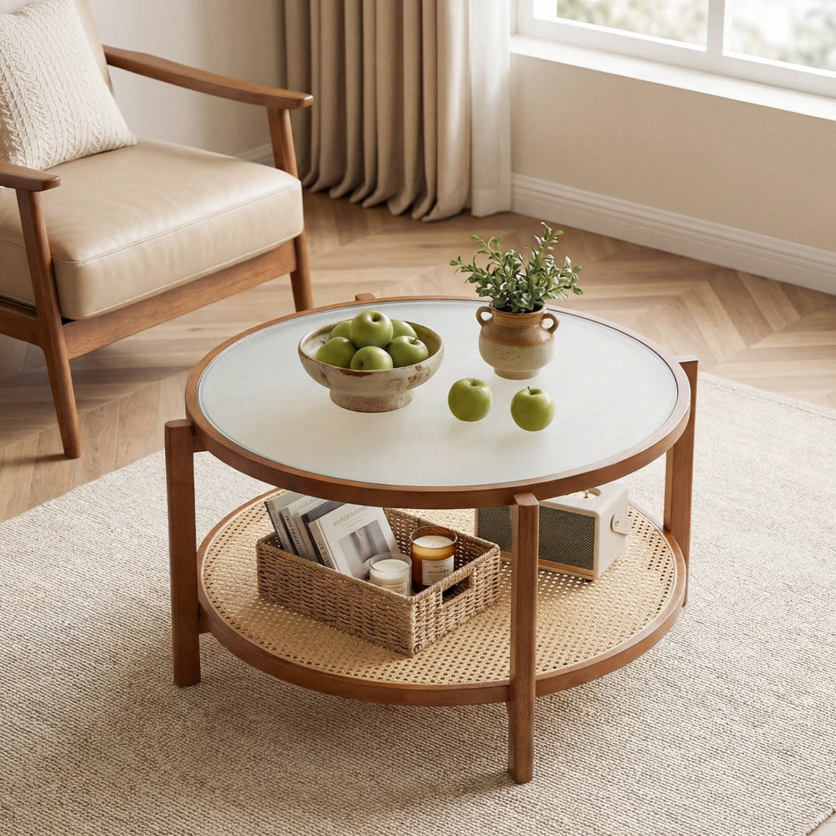 2-Tier Rattan Coffee Table with Frosted Tempered Glass Top and Wood Legs-Walnut-Coffee Tables-DECOROLALA