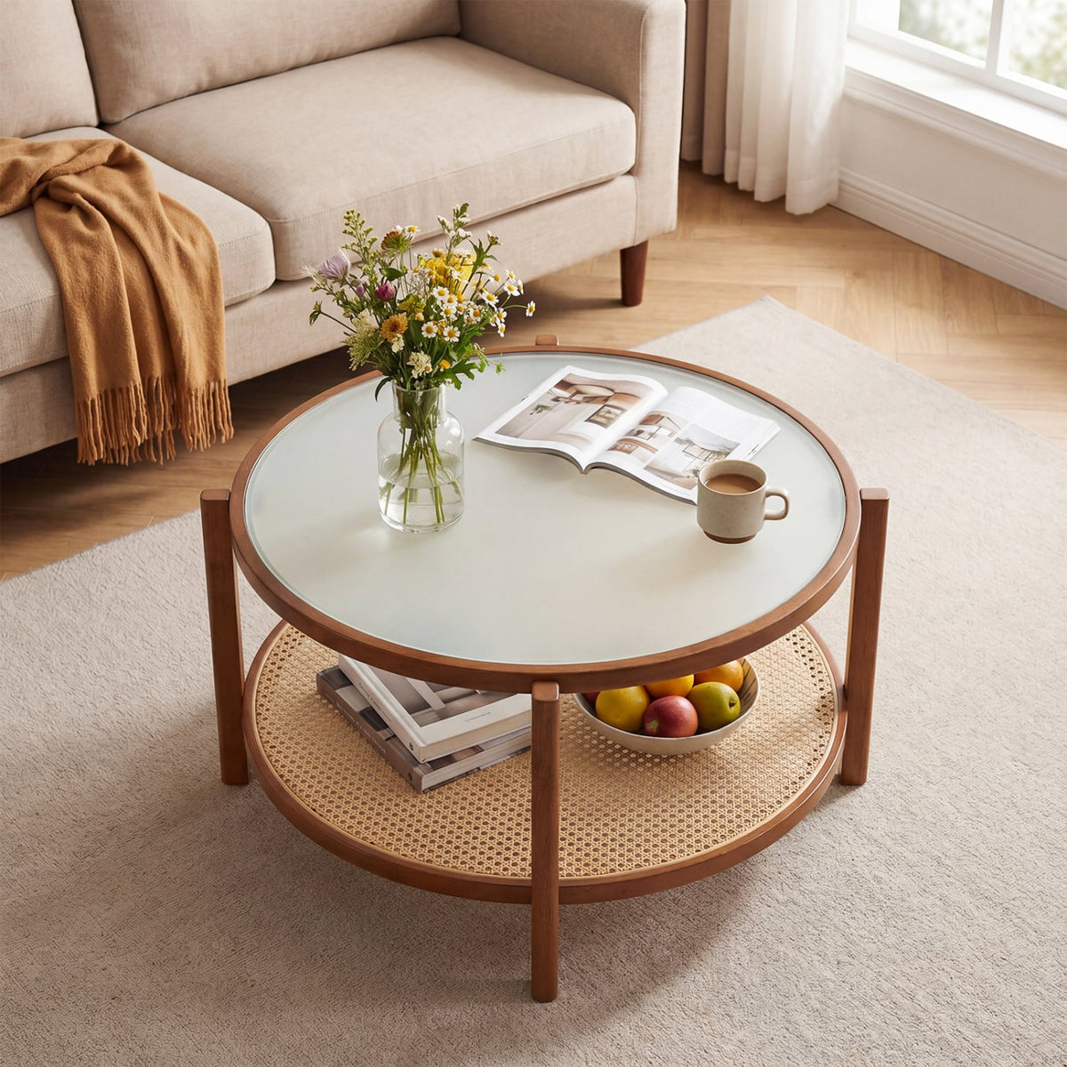 2-Tier Rattan Coffee Table with Frosted Tempered Glass Top and Wood Legs-Walnut-Coffee Tables-DECOROLALA